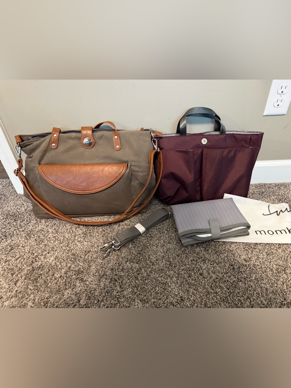 MomKindness Grey Canvas Tote with Brown Leather Trim and Burgundy Insert